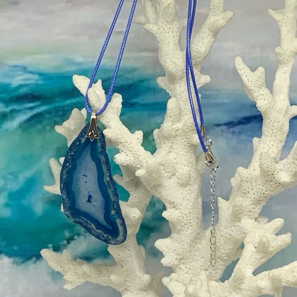 Handcrafted Blue Druzy Geode Agate Slice Necklace on Waxed Cotton Cord - Picture 3 of 13